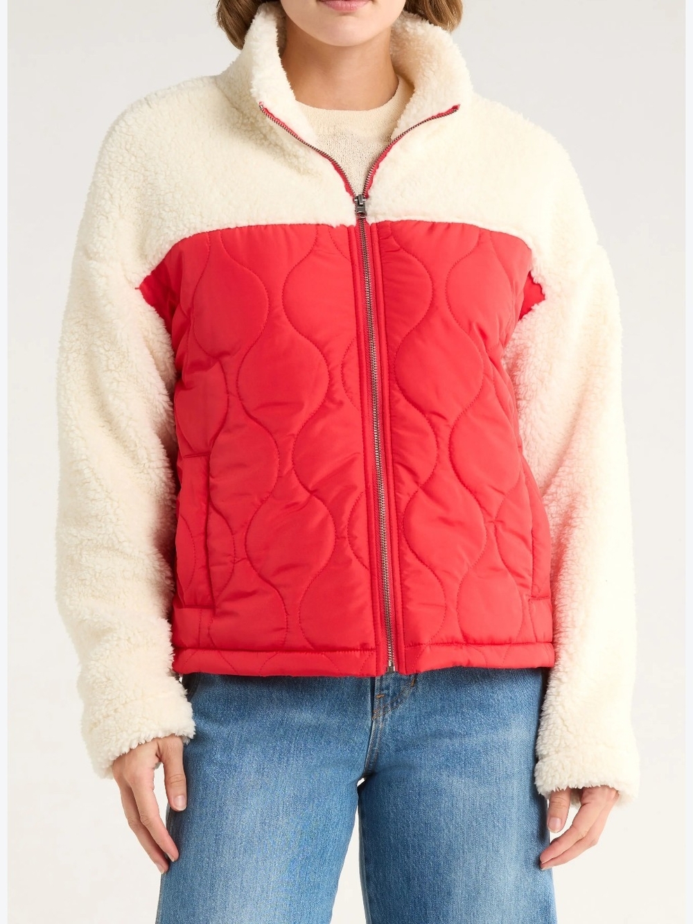 Women's Two-Tone Sherpa & Quilted Jacket - Red/Cream